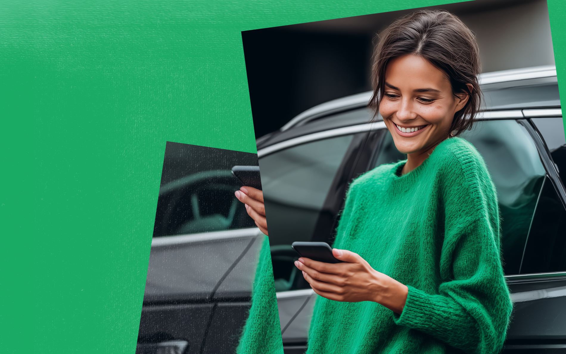 modnie ubrana kobieta stojąca przy aucie i patrząca w telefon